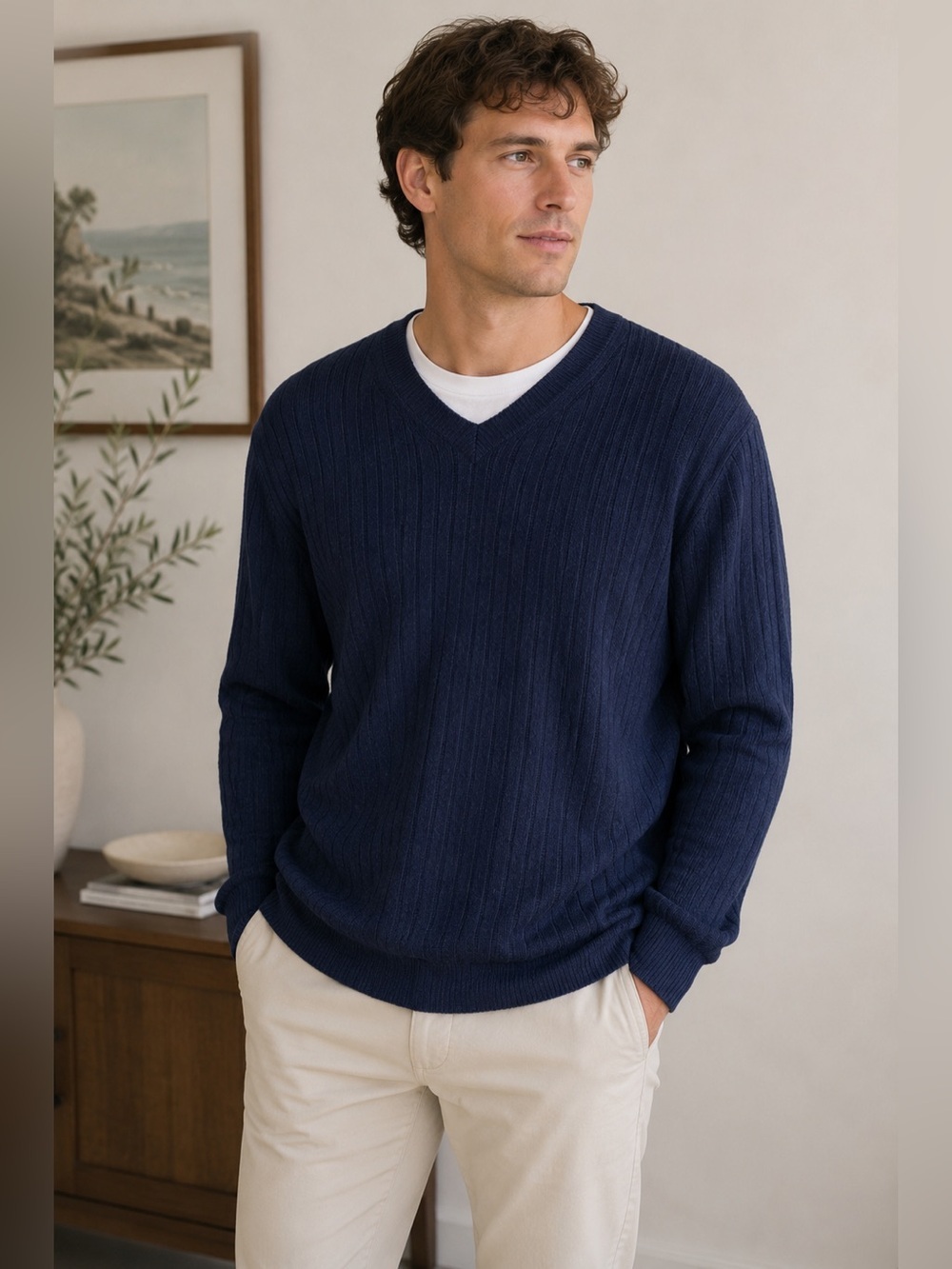 Tricots St. Raphael Men's Navy Blue V-Neck Sweater Size L Wool Silk Knit Blend
